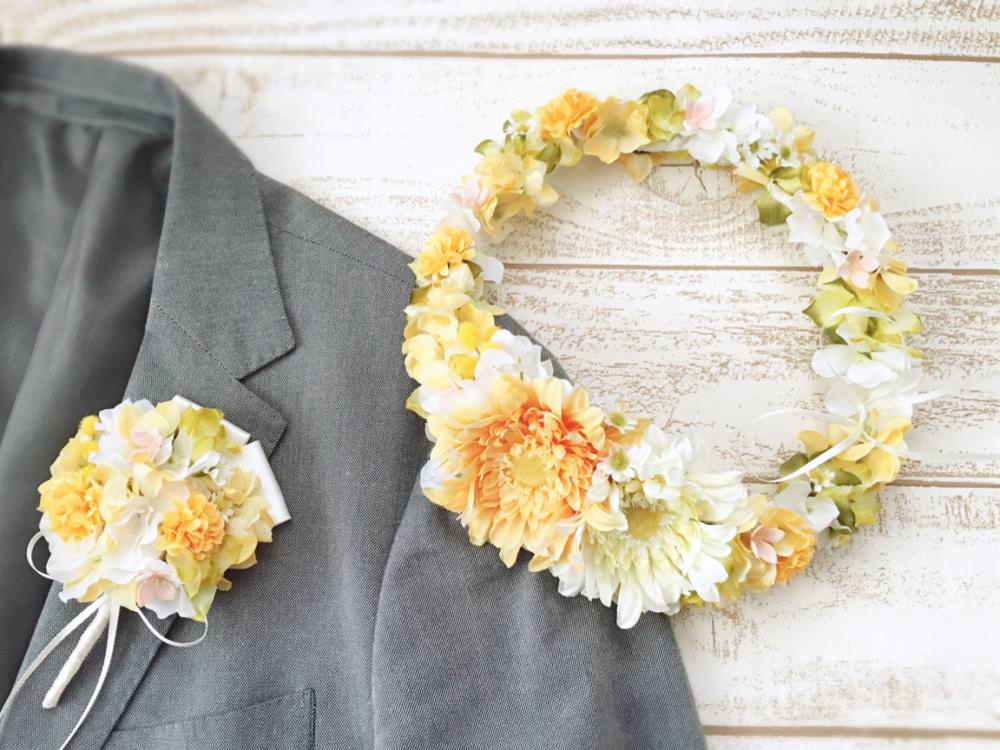 フラワー ヘッドドレス】イエローガーベラと小花の花冠&ブートニア2点  