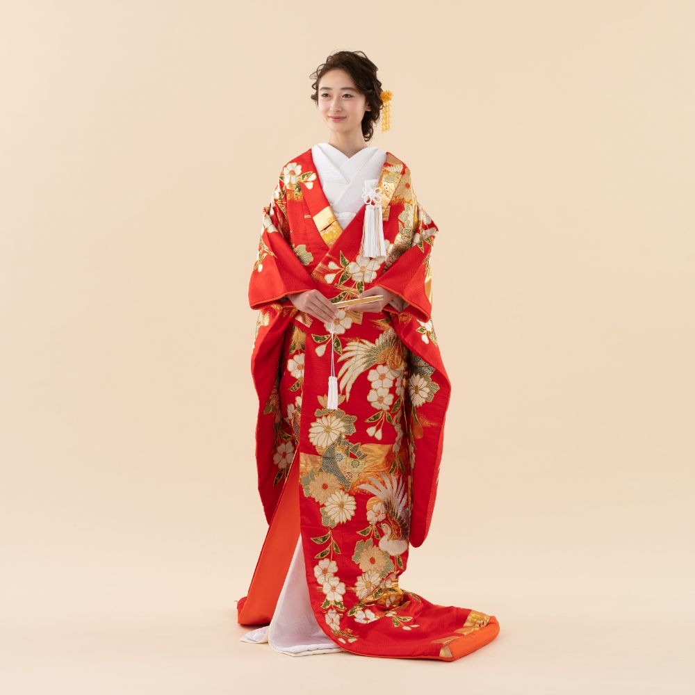 502w4〇孔雀 牡丹 菊 梅 色打掛 金糸 結婚式 ブライダル お色直し〇美 