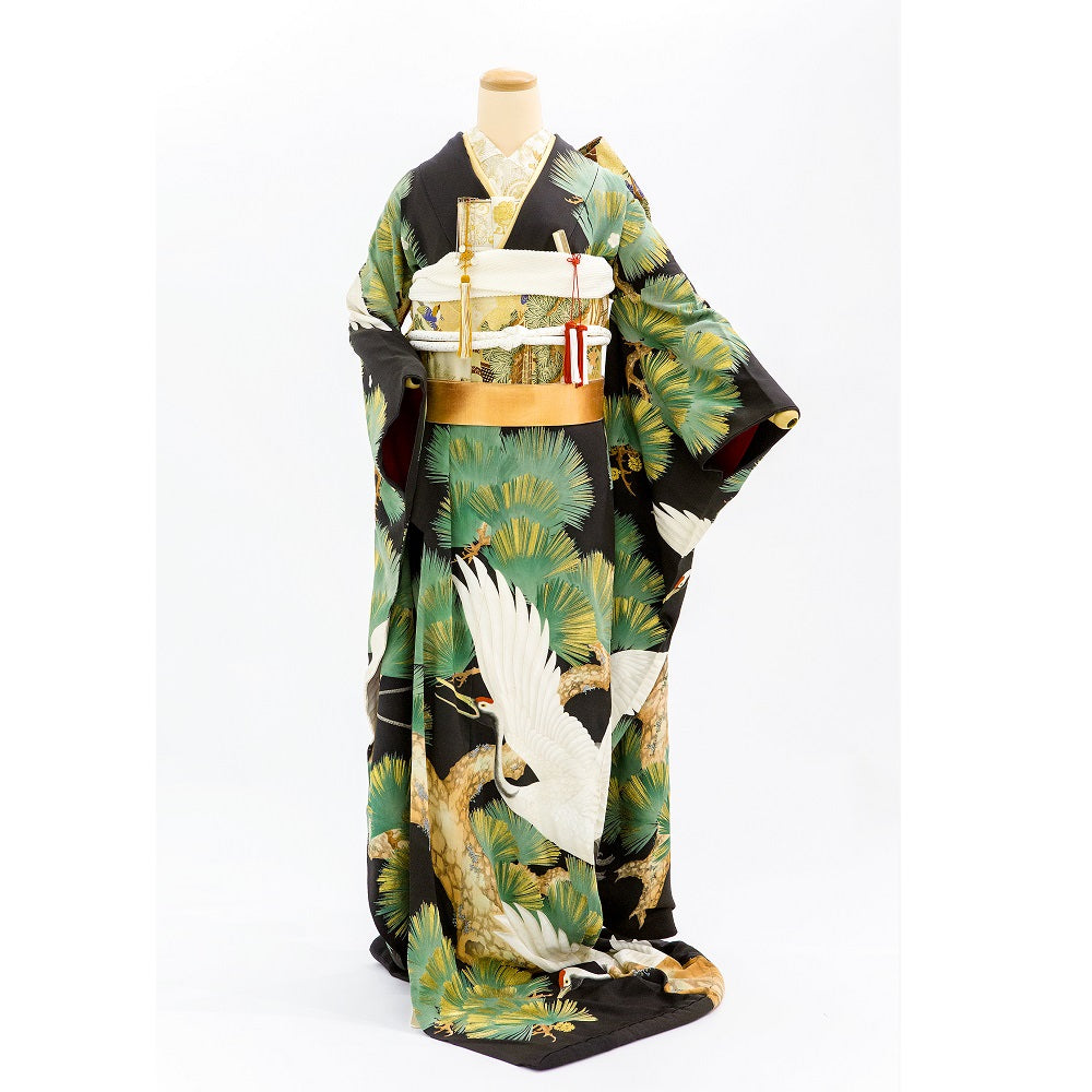 アンティーク振袖 黒地/老松総柄に鶴 【結婚式 和装 引き振袖 レンタル】