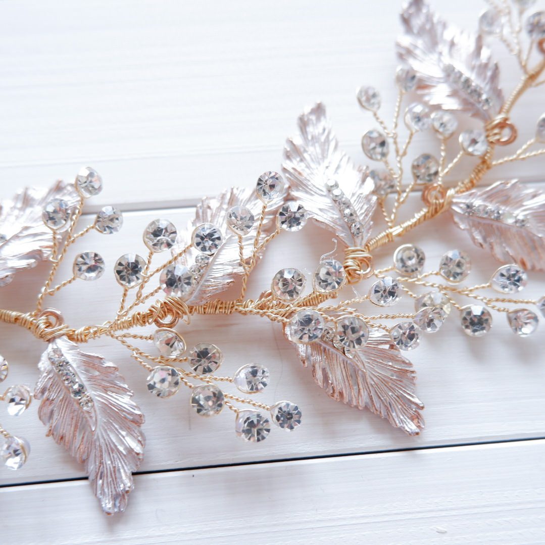 ブライダルヘッドドレス ビジュー リーフ ボンネ ゴールド m14 【結婚式 ヘアアクセサリー】