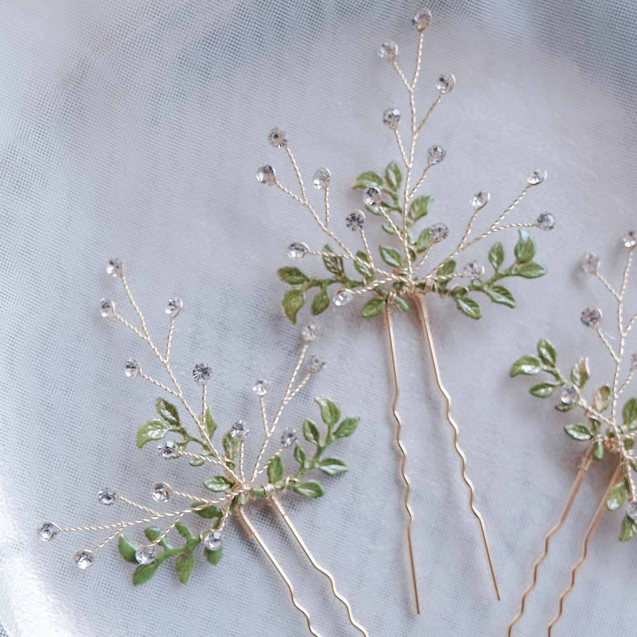 (3点セット) ブライダルヘッドドレス 小枝ピン リーフピン グリーン p28 【結婚式 ヘアアクセサリー】