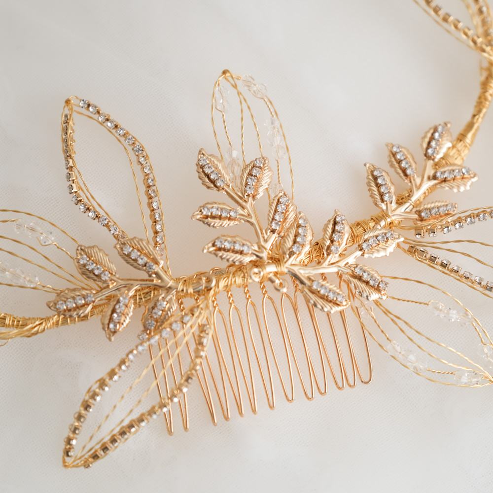 ブライダルヘッドドレス ビジュー リーフ ゴールド q25 【結婚式 ヘアアクセサリー】