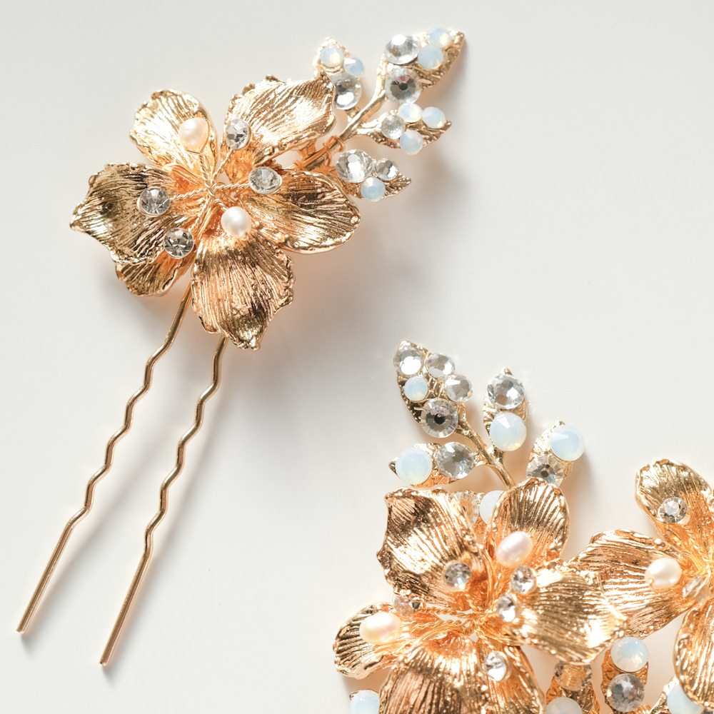 (2点セット) ブライダルヘッドドレス フラワー リーフ ヘッドコーム ピン ゴールド r6 【結婚式 ヘアアクセサリー】