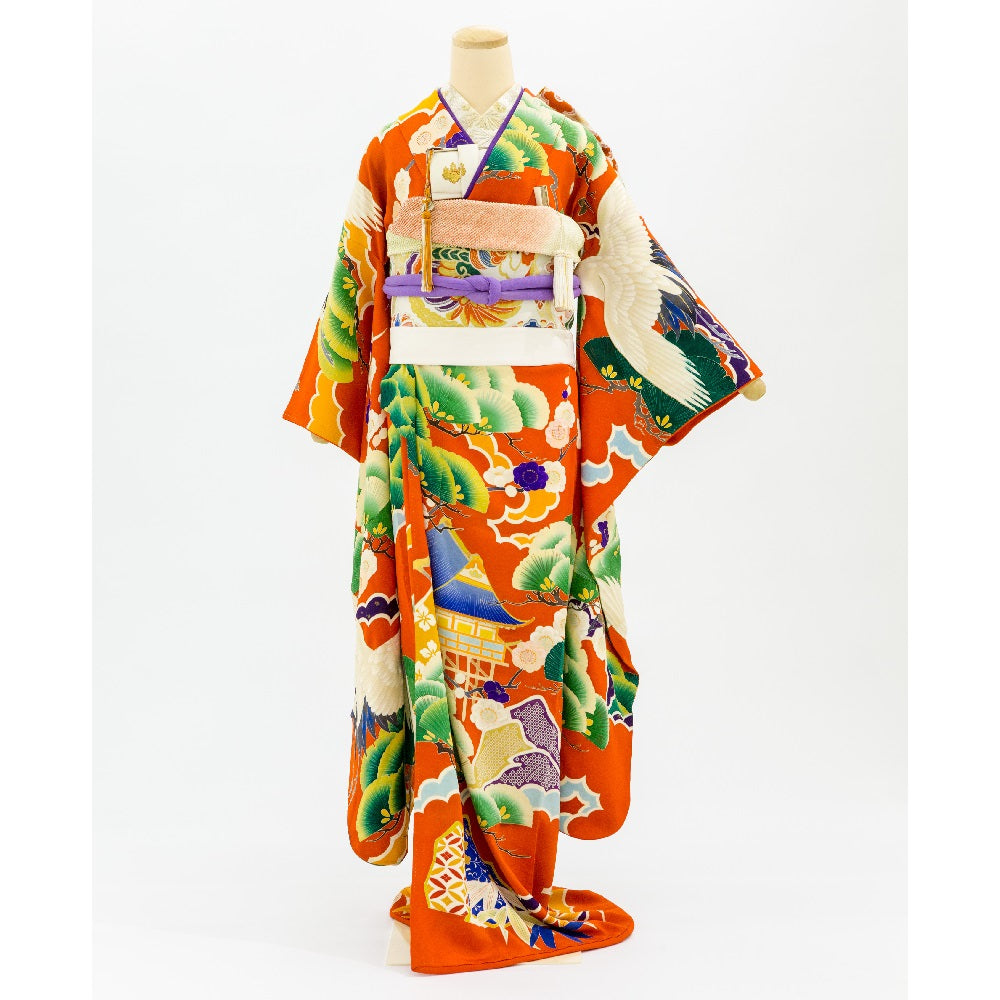 アンティーク振袖 朱赤地/鶴に松竹梅 【結婚式 和装 引き振袖 レンタル】