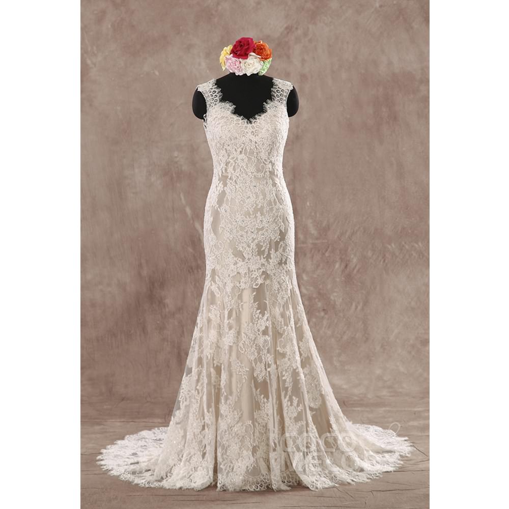 CWXT14061 レース Vネック スレンダーライン ウェディングドレス 【ウェディングドレス オーダーメイド】