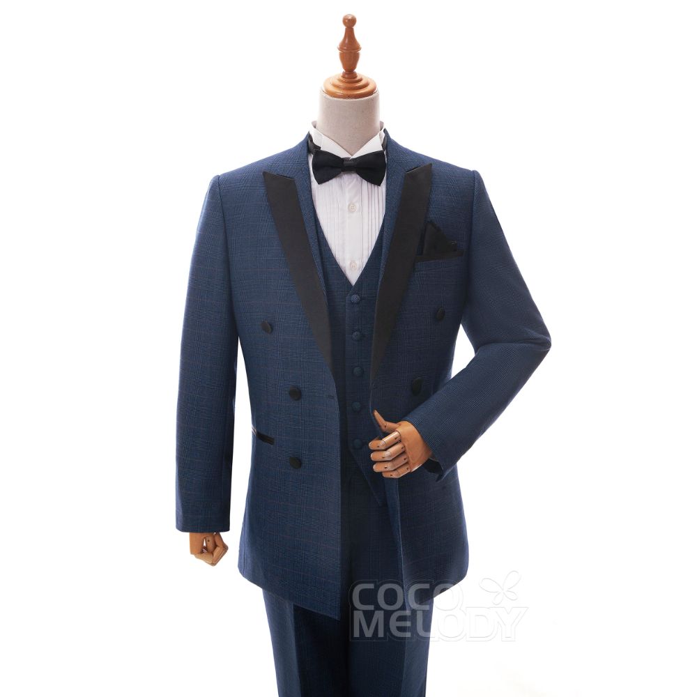 【CZ19005 タキシード】 ピークラペル ネイビーブルー チェック柄 7795 【結婚式 タキシード オーダーメイド】