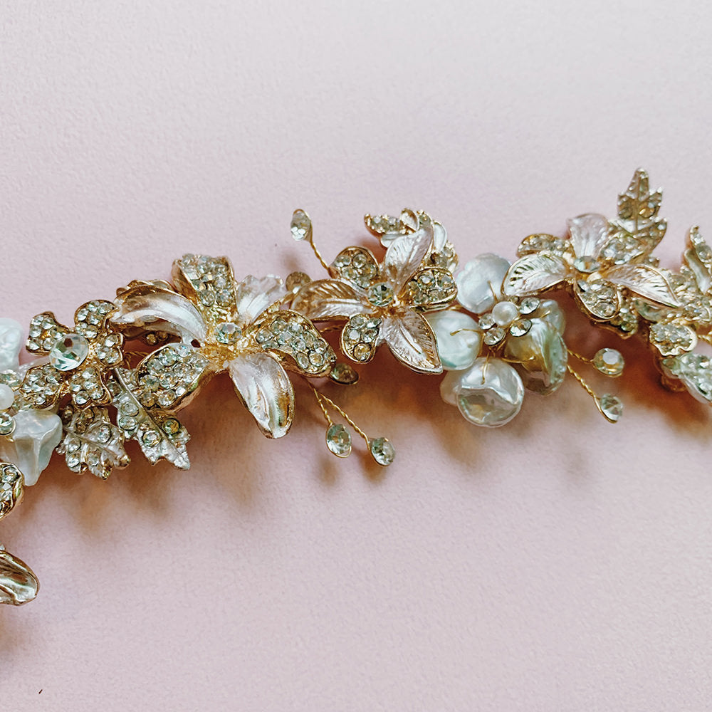 【ヘッドドレス】淡水パールのgold小枝アクセサリー/ブライダルアクセサリー 【結婚式 ヘアアクセサリー】