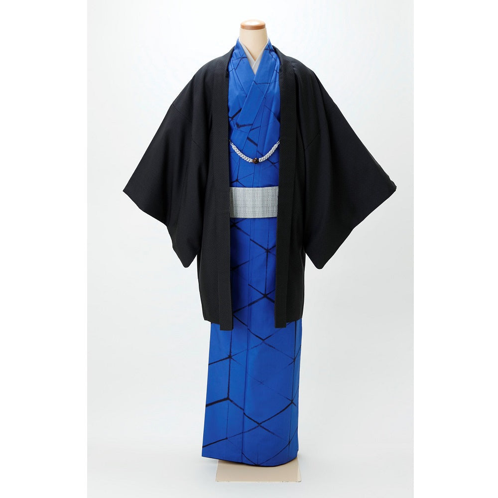 紬地羽織袴/結城板締め着物×墨黒お召し羽織 【結婚式 和装 紋服 レンタル】