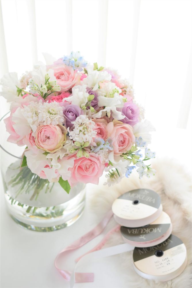 生花】パステルカラーもどこか大人色のラウンドブーケ 【結婚式