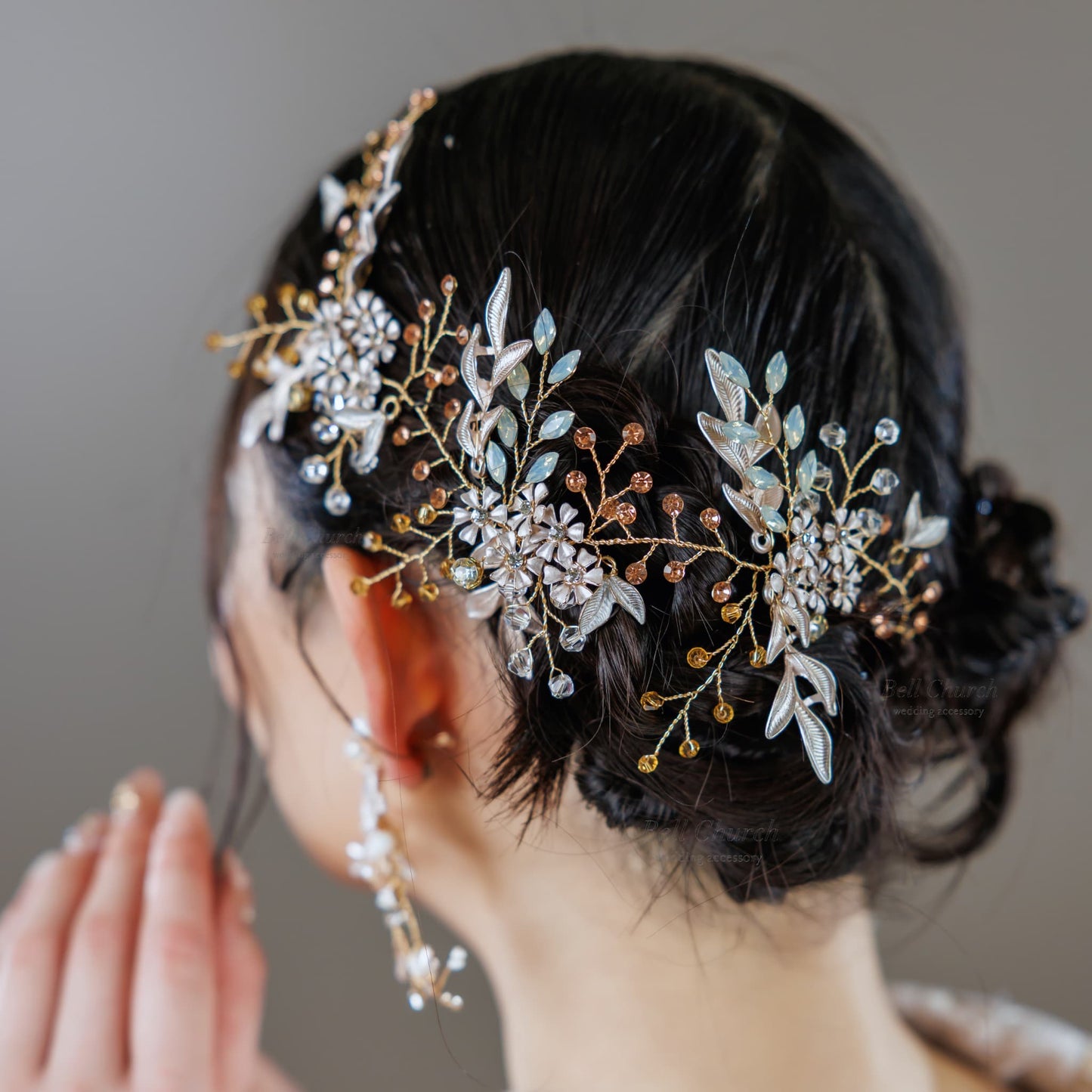 小枝ヘアアクセサリー | ジルコニア | お花モチーフ | ゴールド | (BC-H60)【結婚式 アクセサリー ヘッドドレス ヘアアクセサリー】