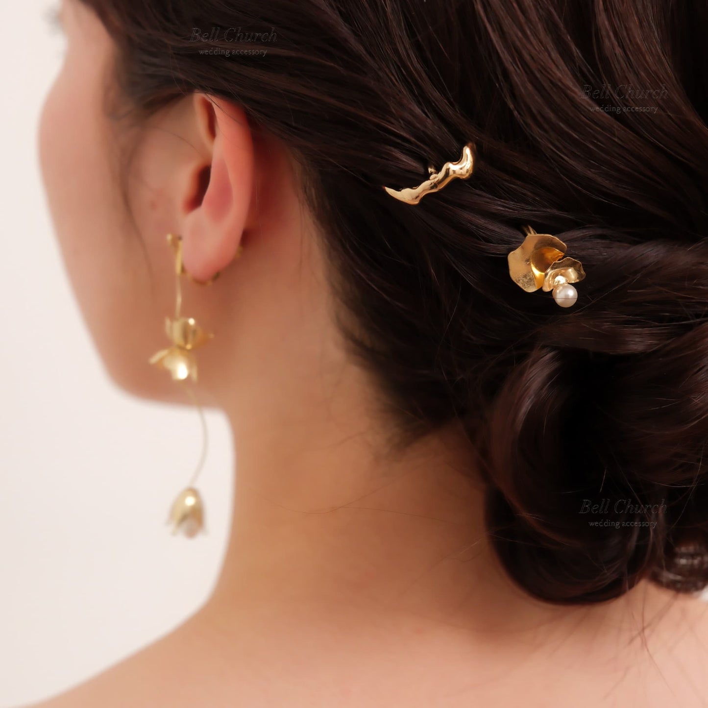 ヘアカフ 3点セット ヘアポニー ポニーフック パール お花 フラワー ペタル メタル ストーン ミニカフ|ゴールド (BC-H64)【結婚式 アクセサリー ヘアアクセサリー ヘアカフ】