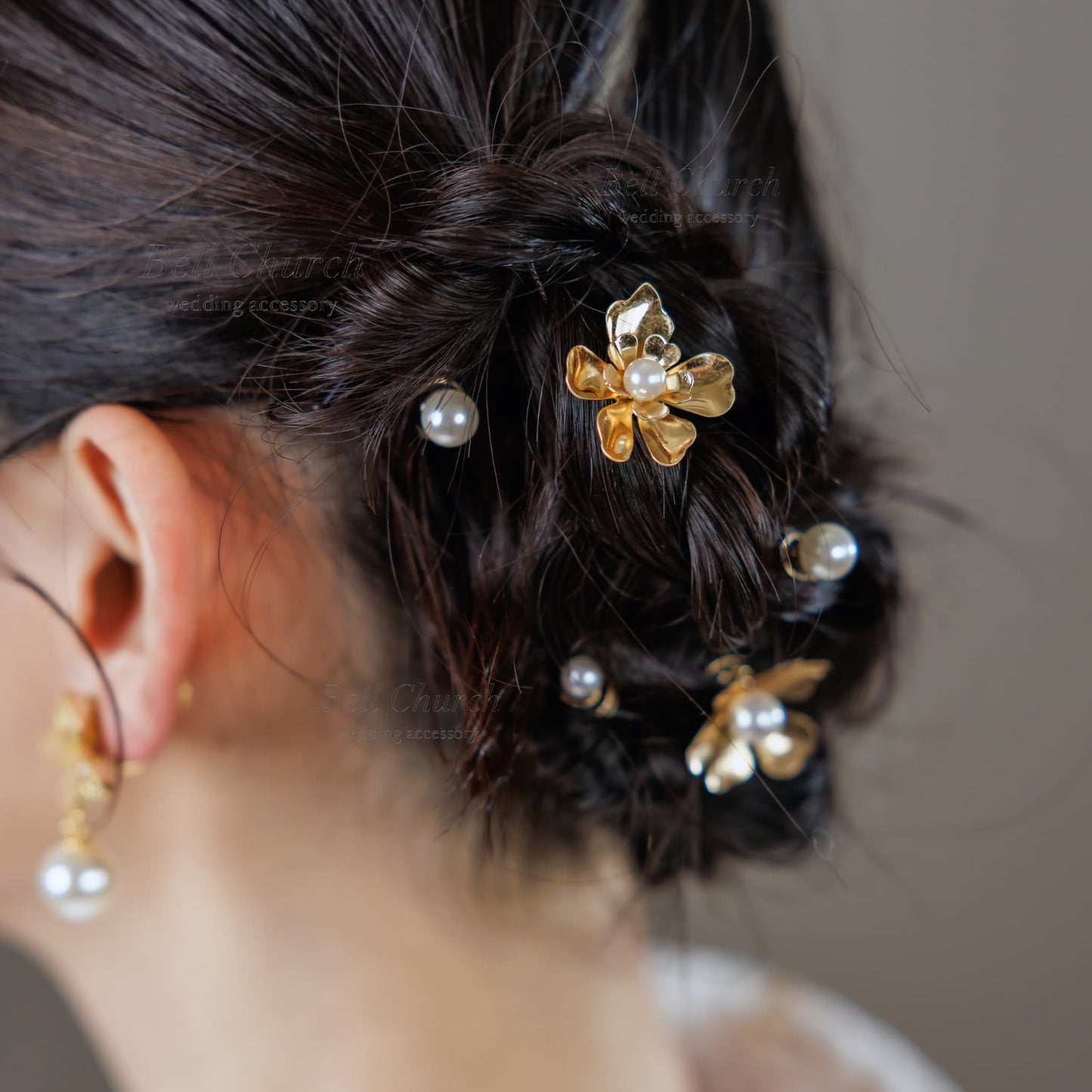ヘアーチャーム メタル フラワー 花 パール 5個セット|ゴールド(BC-H94)【結婚式 アクセサリー ヘアチャーム ヘアアクセサリー】