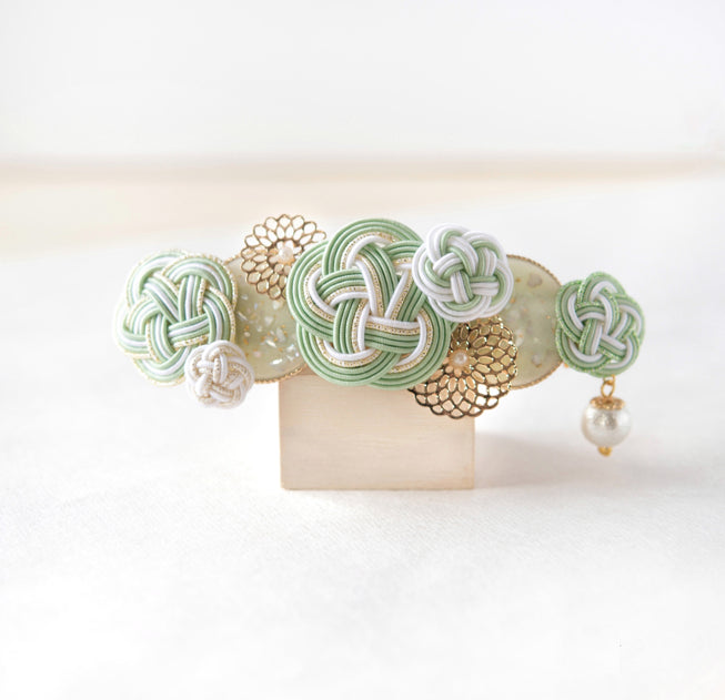 水引バレッタ お花いっぱい 青磁色 【結婚式 和装 アクセサリー