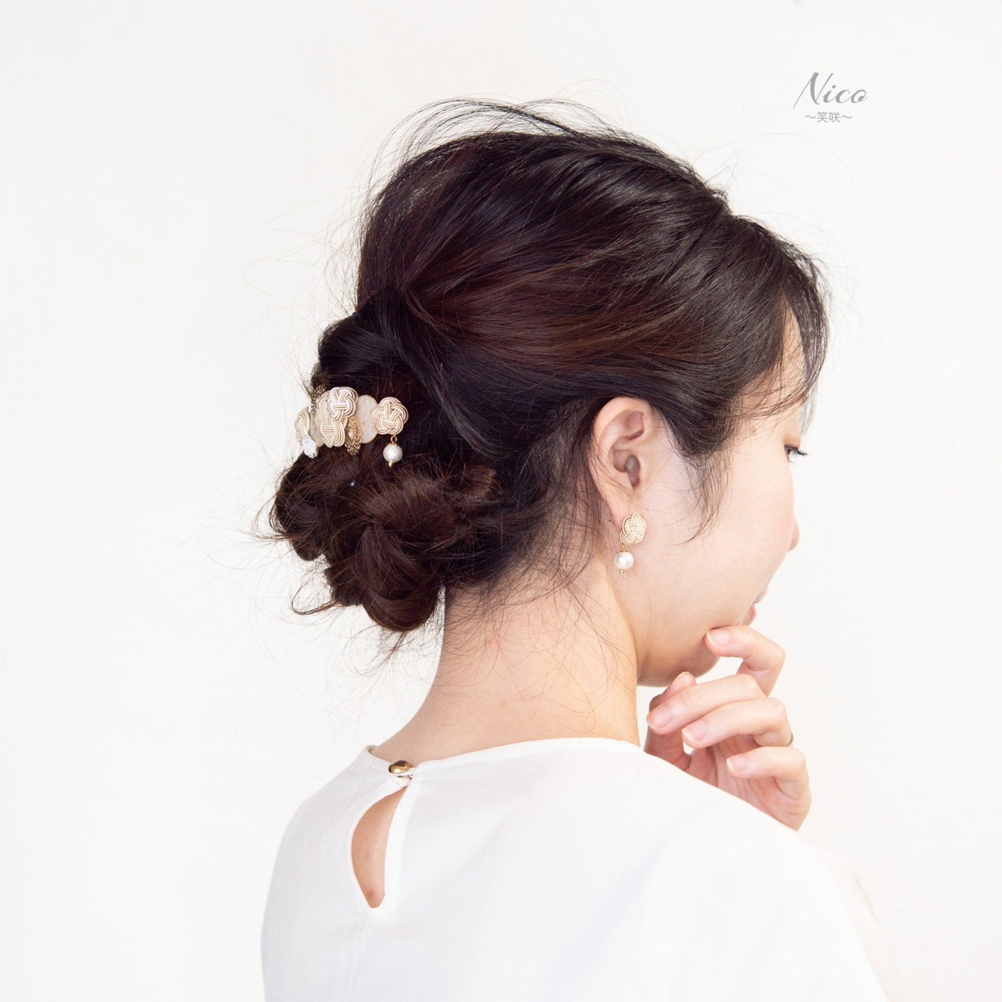 水引梅ピアス/イヤリング ゆれるパール ベージュ 【結婚式 和装 アクセサリー】