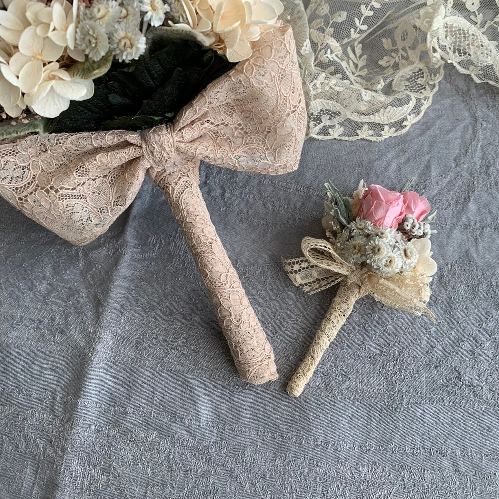 【プリザーブド】アンティークピンク ラウンドブーケ・ブートニア 【結婚式 フラワー ドライフラワー ブーケ ブートニア】
