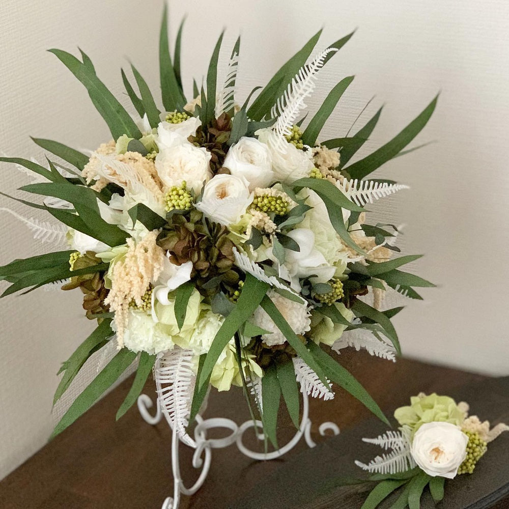 プリザーブド】ラウンドブーケ&ブートニア ナチュラルホワイトグリーン