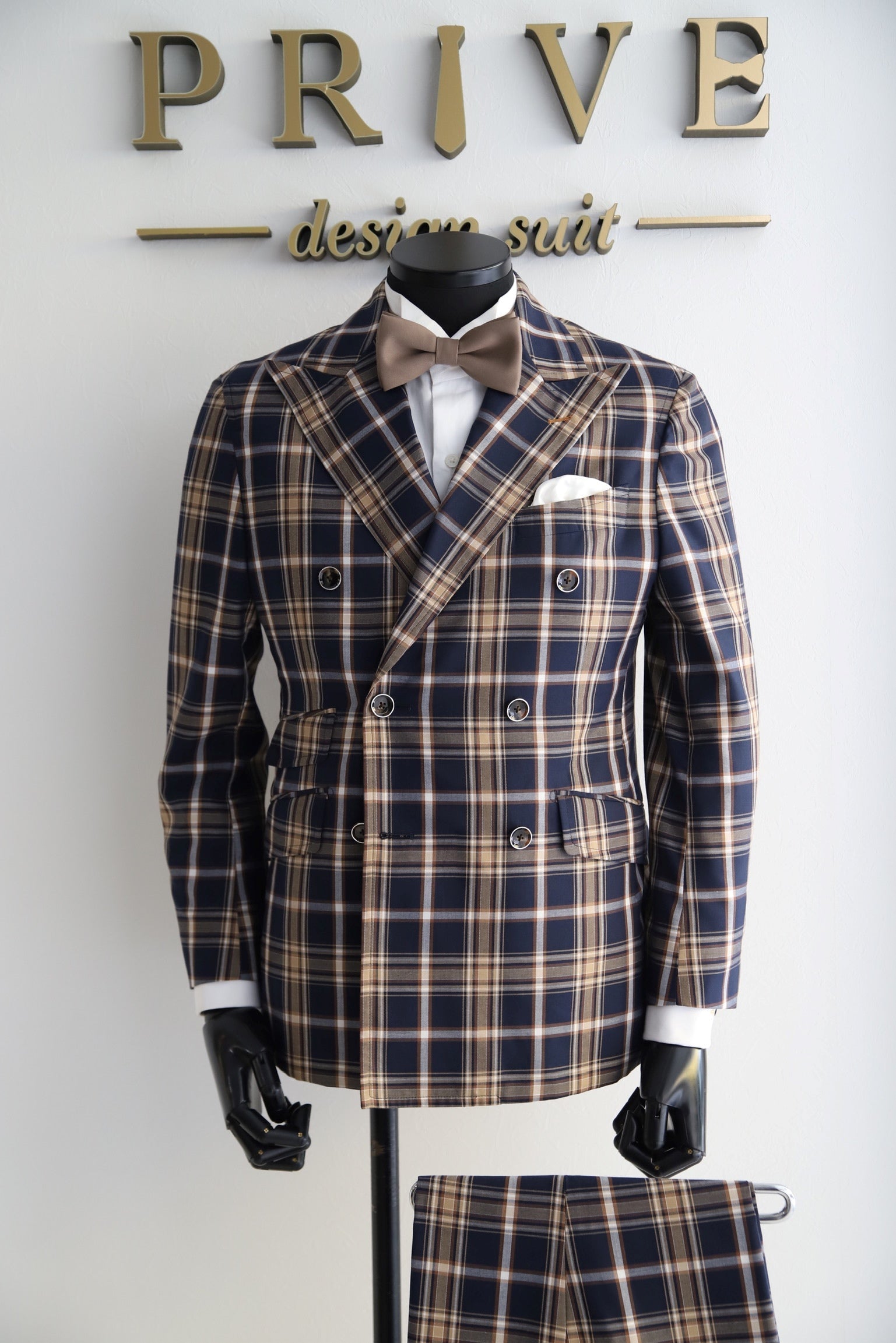 ネイビーベージュチェックダブルスーツ【結婚式 タキシード レンタル