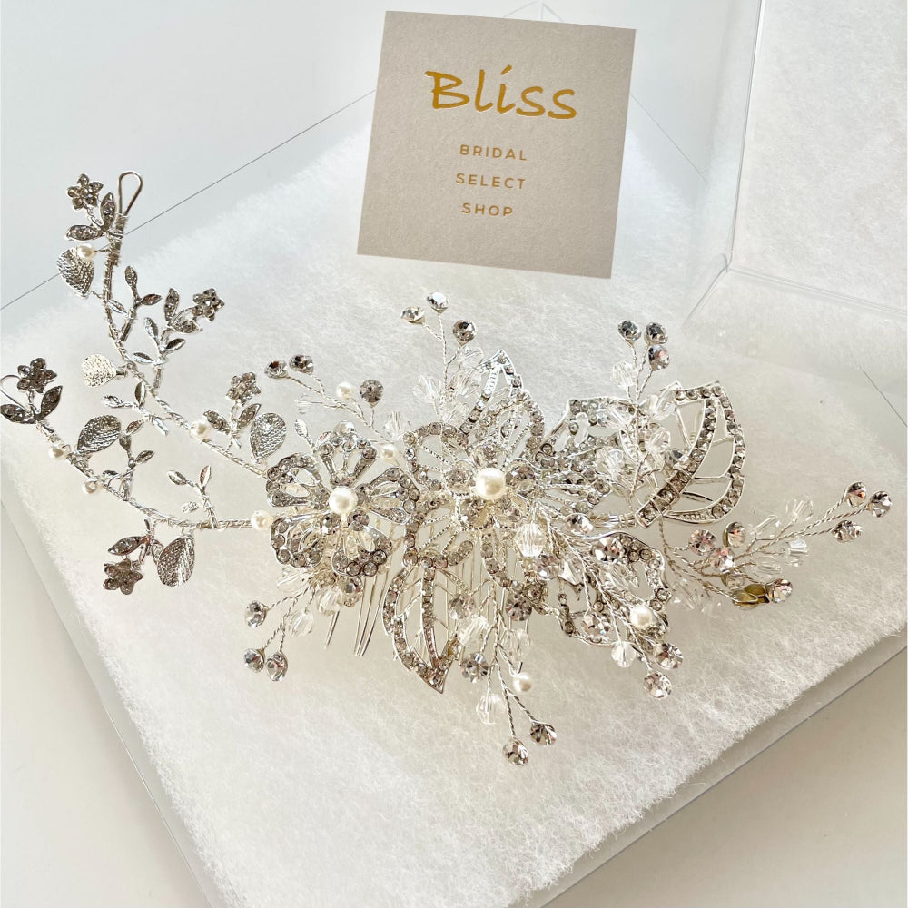 【ヘッドドレス】華やか シルバー リーフ ビジュー ボンネ ブライダルアクセサリー 【結婚式 ヘアアクセサリー】