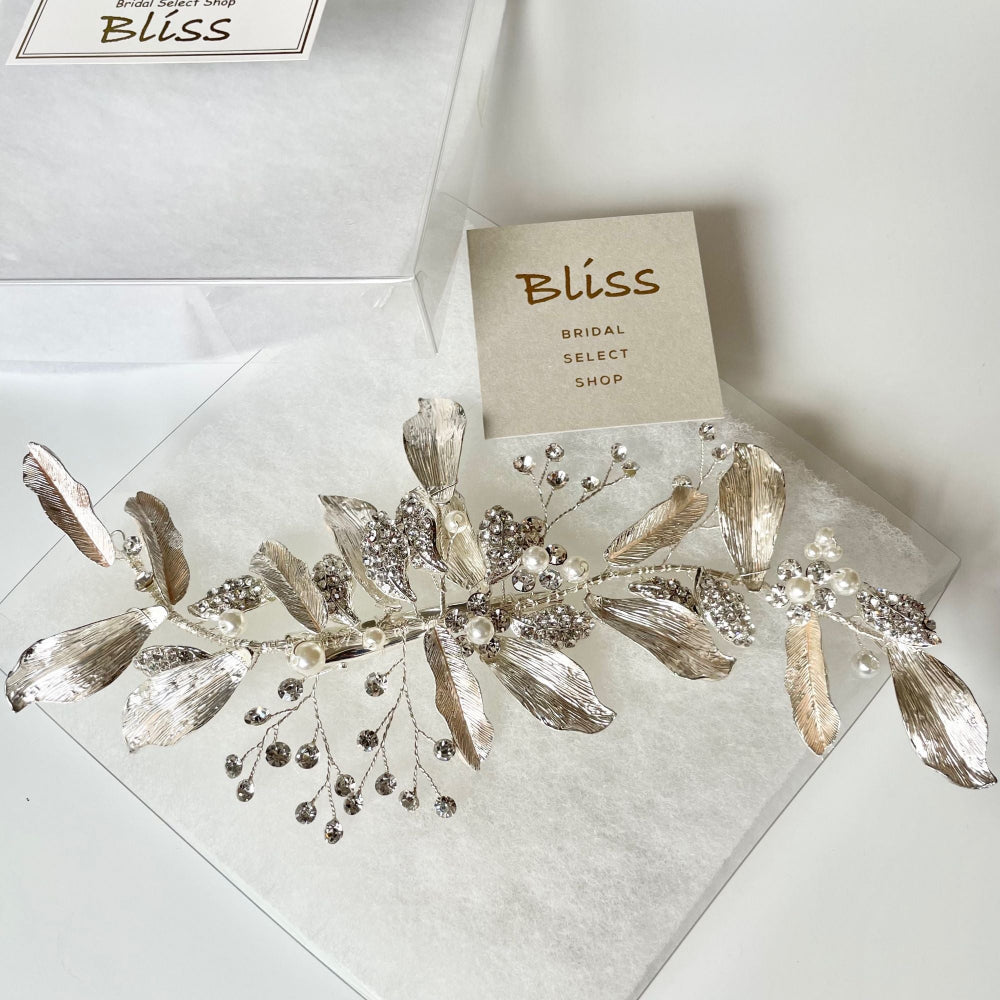 【ヘッドドレス】華やか マット&ラインストーン リーフ ブライダルアクセサリー 【結婚式 ヘアアクセサリー】