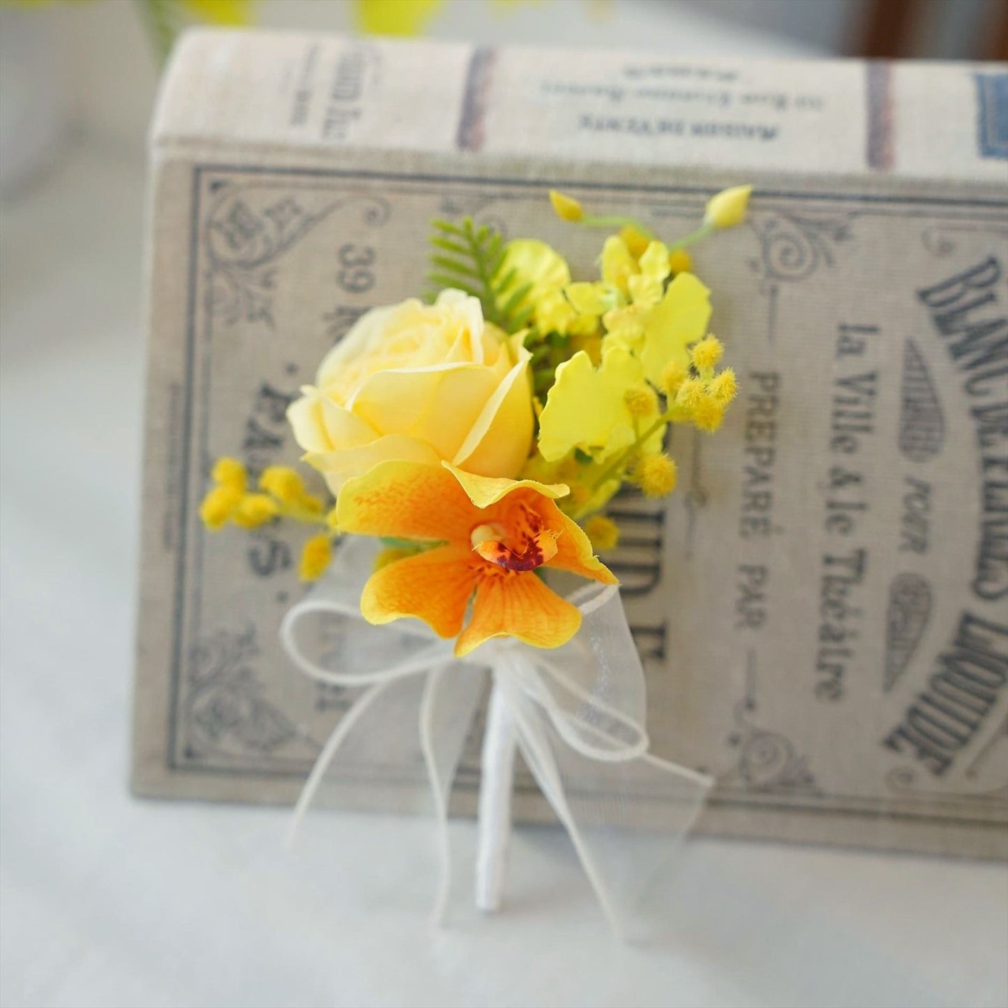 ガーベラとオンシジュームのイエローブーケ【結婚式 フワラー アーティフィシャルフラワー ブーケ ブートニア】