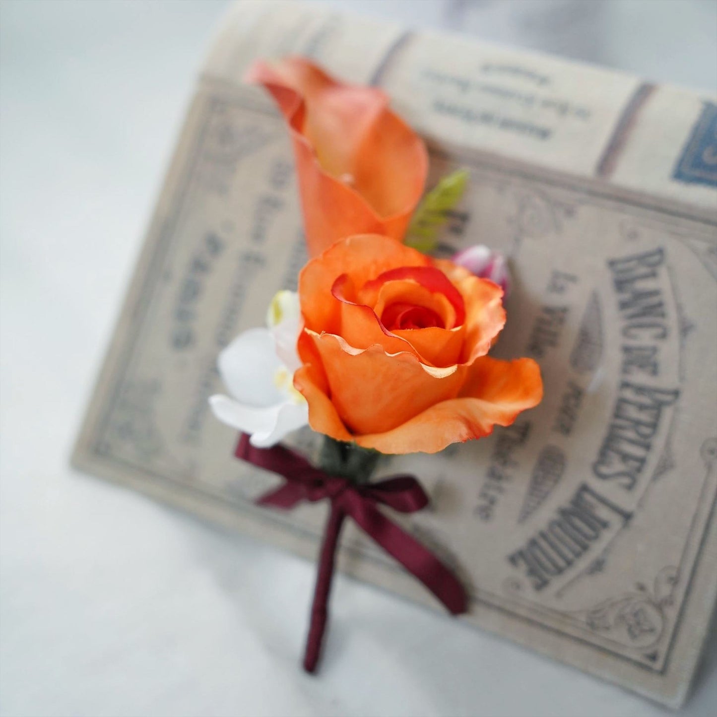 オレンジとボルドーのアームブーケ【結婚式 フワラー アーティフィシャルフラワー ブーケ ブートニア】