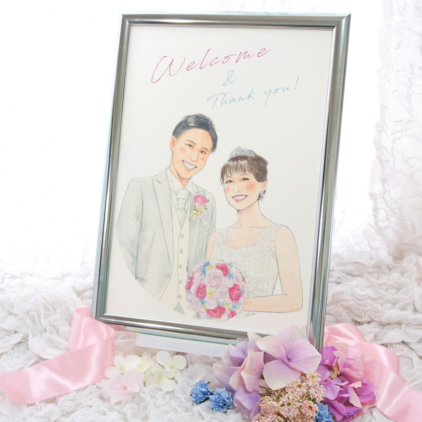 水彩似顔絵ウェルカムボード【A4サイズ・水彩画・フレーム付き】 【結婚式 ウェルカムボード オーダーメイド】