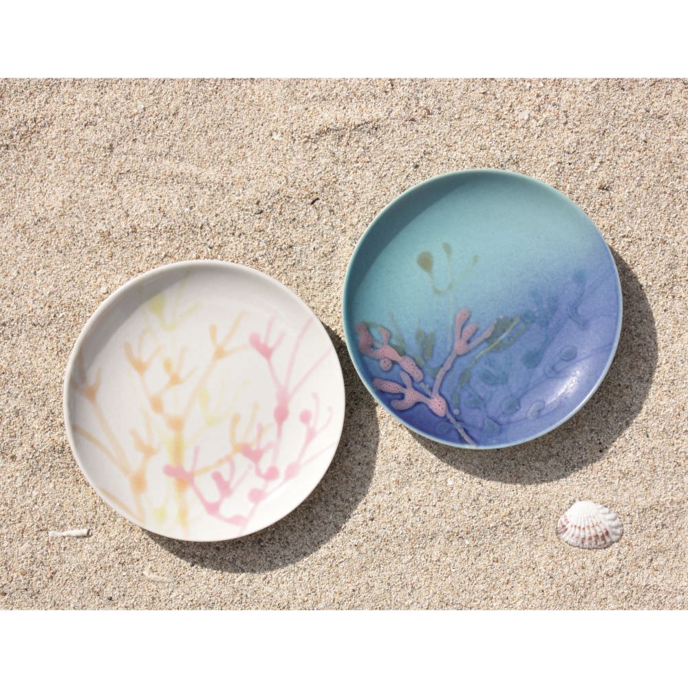 沖縄の海の縁起の珊瑚の小皿・取り皿/2枚セット/白色×オーシャンブルー