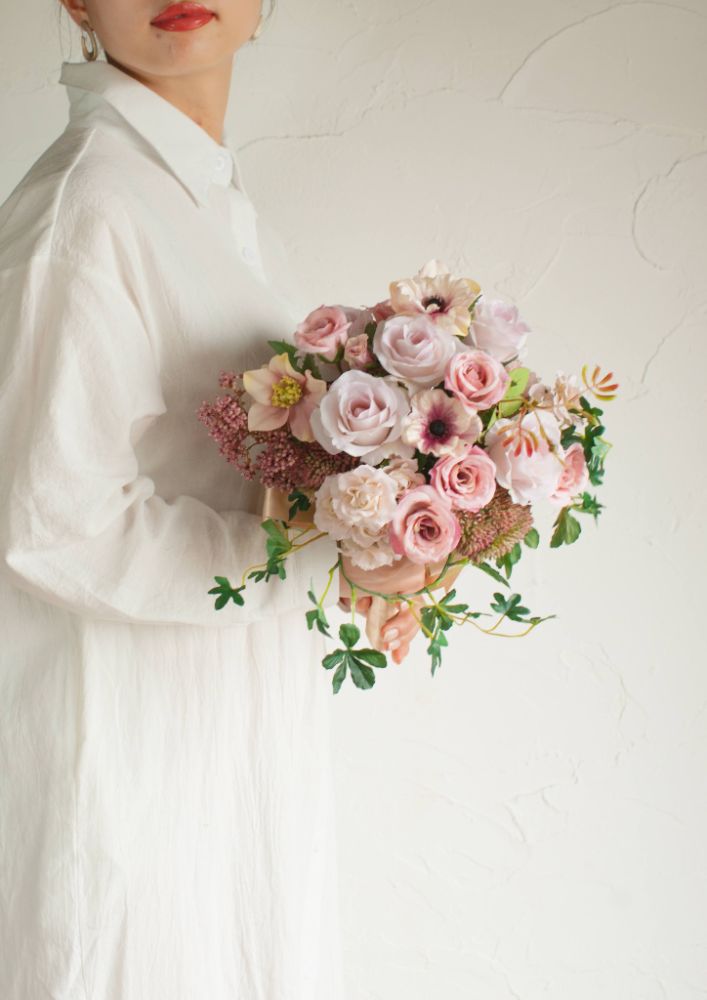 【造花】Shabby-Sweet くすみピンクのラウンドブーケ 【結婚式 フラワー 造花 ブーケ ブートニア】