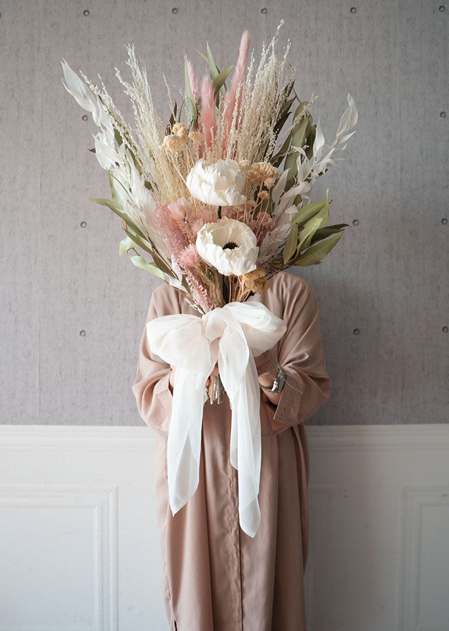 【ドライフラワーのブーケ】スイートピンクのブーケ 柔らかいオーガンジーリボンをつけて 【結婚式 フラワー ドライフラワー ブーケ ブートニア】