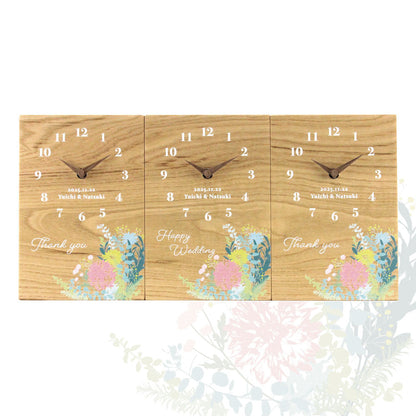 【木目でつながる3連時計】bouquet pastel【結婚式 ギフト 両親プレゼント 時計】