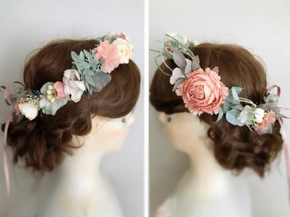 【フラワー ヘッドドレス】サーモンピンクのピオニーの花冠/ブライダルアクセサリー 【結婚式　ヘアアクセサリー】