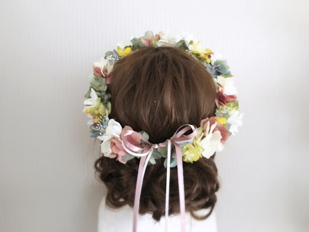 【フラワー ヘッドドレス】 春色カラーの花冠&ブートニア2点セット/ブライダルアクセサリー 【結婚式　ヘアアクセサリー】