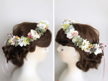 【フラワー ヘッドドレス】 春色カラーの花冠&ブートニア2点セット/ブライダルアクセサリー 【結婚式　ヘアアクセサリー】