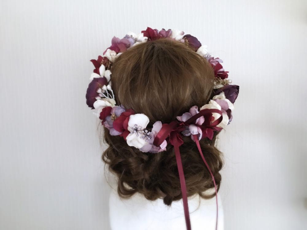 【フラワー ヘッドドレス】ワインレッドとゴールドの秋色花冠/ブライダルアクセサリー 【結婚式　ヘアアクセサリー】