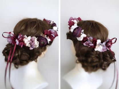 【フラワー ヘッドドレス】ワインレッドとゴールドの秋色花冠/ブライダルアクセサリー 【結婚式　ヘアアクセサリー】