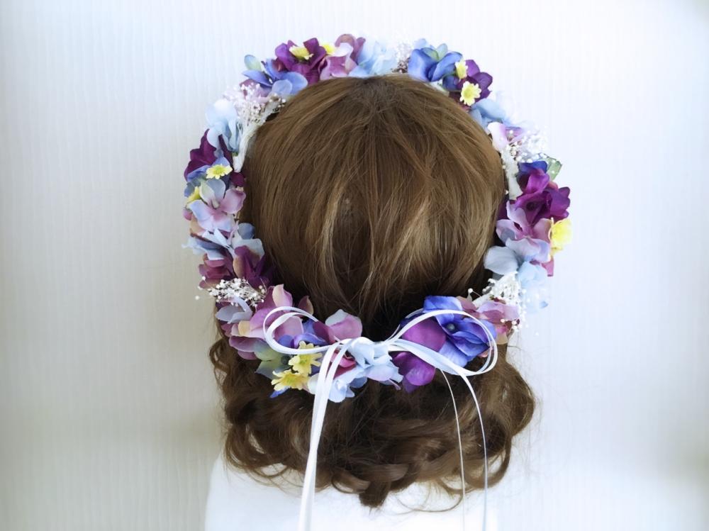 【フラワー ヘッドドレス】パープルブルーの花冠/ブライダルアクセサリー 【結婚式　ヘアアクセサリー】