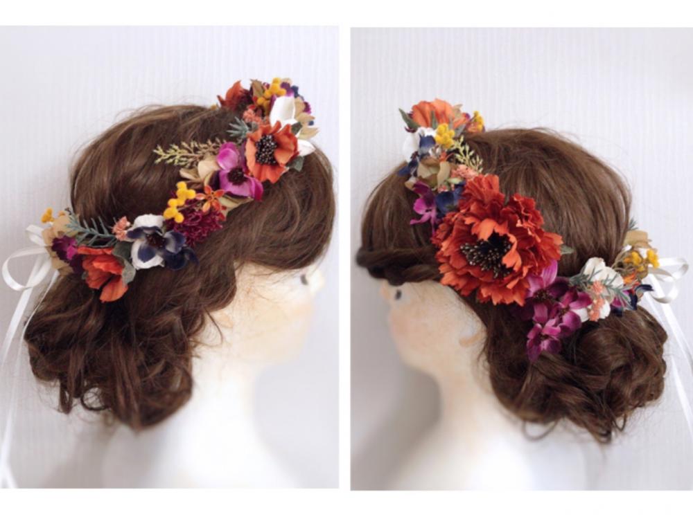 【フラワー ヘッドドレス】オータムカラーの花冠/ブライダルアクセサリー 【結婚式　ヘアアクセサリー】