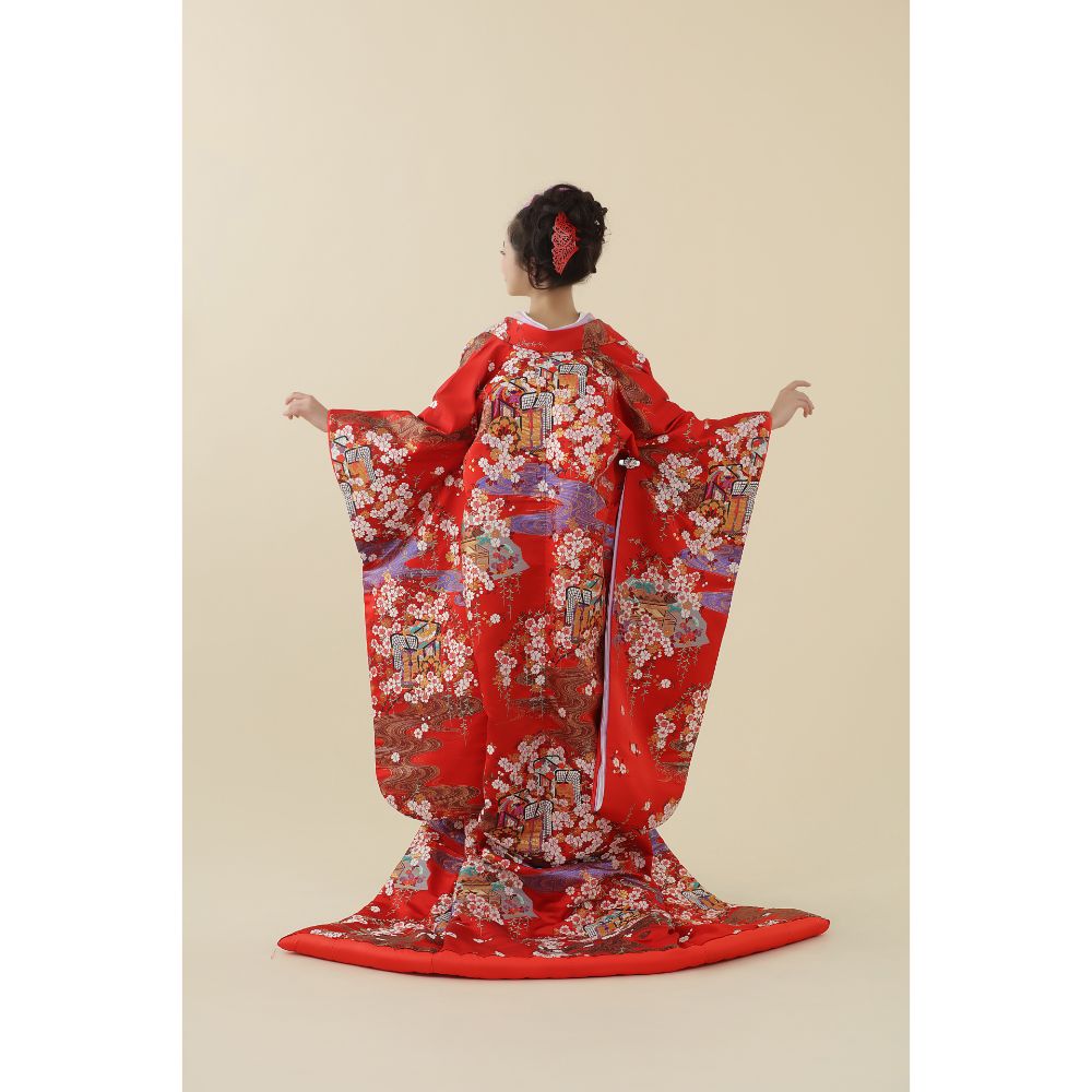 枝垂れ桜に御所車 【結婚式 和装 色打掛 レンタル】