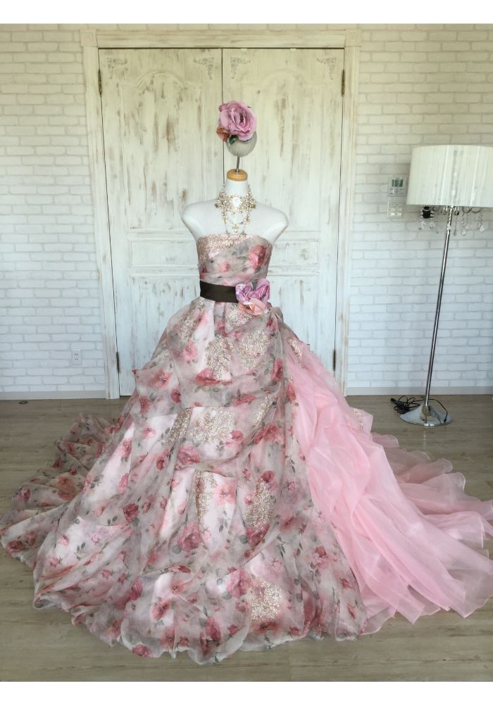 【SALE】ピンク 花柄プリント カラードレス【販売衣装】