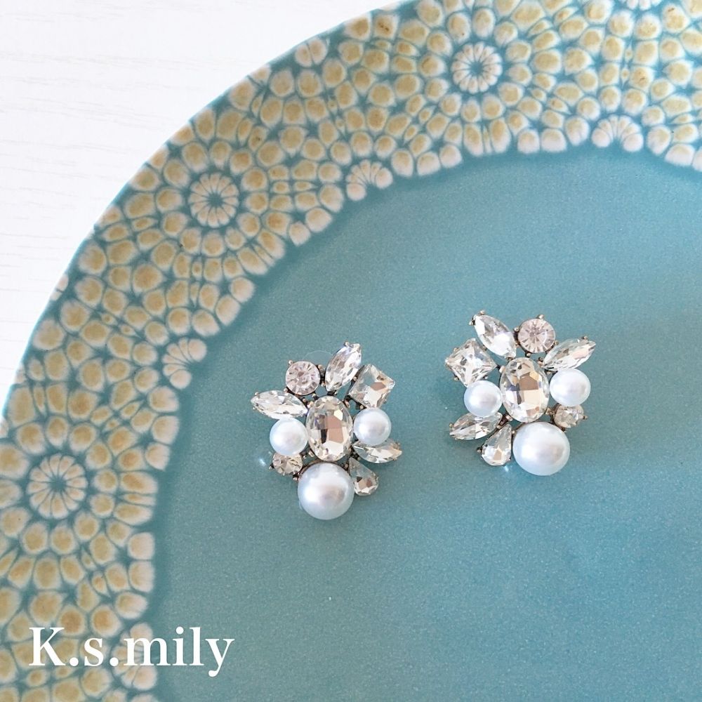 【ピアス】ビジュー パール ウェディング ブライダルピアス c8 【結婚式 ピアス イヤリング】