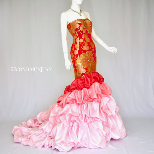 赤打掛マーメイドにピンクのサテン【結婚式 レンタル】