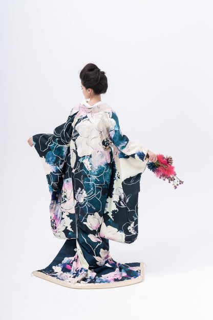 紺地赤花図【結婚式 和装 色打掛 レンタル】