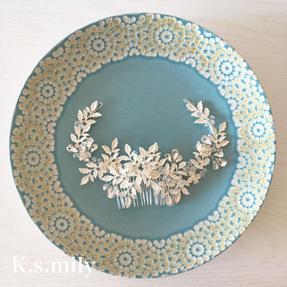 【ヘッドドレス】ブライダルヘッドドレス ビジュー リーフ フラワー ボンネ e8 【結婚式 ヘアアクセサリー】