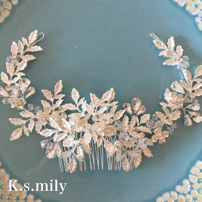 【ヘッドドレス】ブライダルヘッドドレス ビジュー リーフ フラワー ボンネ e8 【結婚式 ヘアアクセサリー】