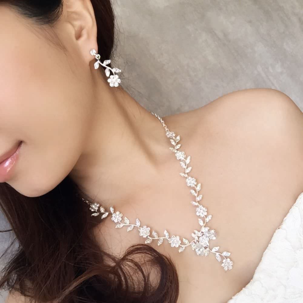 twig silver ビジューネックレス&ピアスセット/ブライダルアクセサリー 【結婚式 アクセサリーセット】