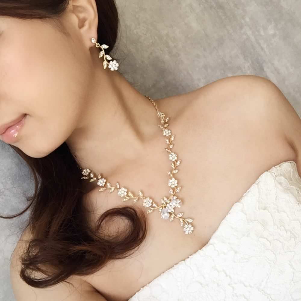 twig gold ビジューネックレス&ピアスセット/ブライダルアクセサリー 【結婚式 アクセサリーセット】