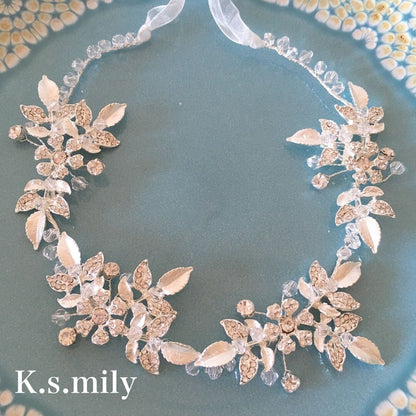 【ヘッドドレス】ブライダルヘッドドレス ビジュー リーフ フラワー 小枝アクセサリー e9 【結婚式 ヘアアクセサリー】