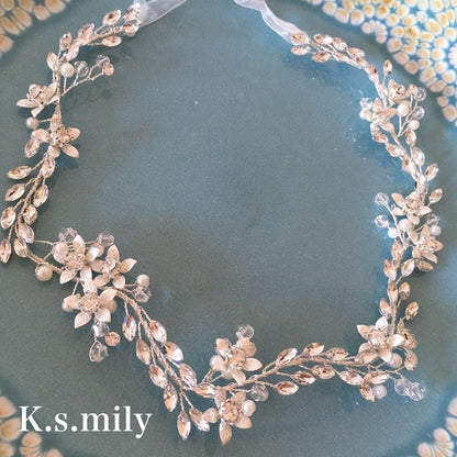 【ヘッドドレス】ブライダルヘッドドレス パール リーフ フラワー 小枝アクセサリー f1 【結婚式 ヘアアクセサリー】