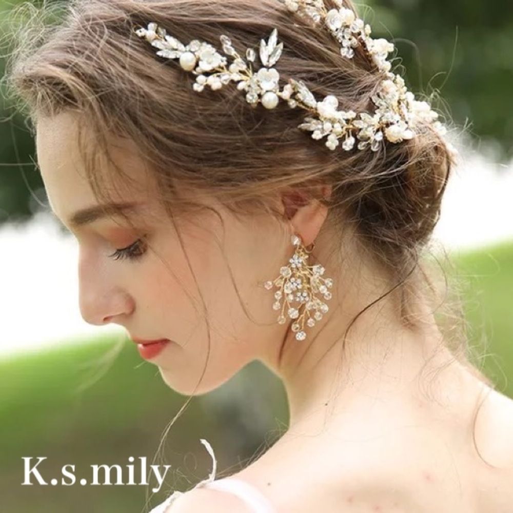 【イヤリング】ブライダルイヤリング 小枝イヤリング ビジュー ゴールド f5 【結婚式 ピアス イヤリング】