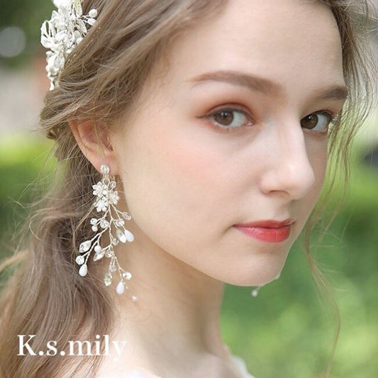 【ピアス】ブライダルピアス 小枝ピアス フラワー ビジュー リーフ f6 【結婚式 ピアス イヤリング】